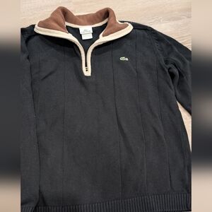 Lacoste Men's Black Sweater with Brown and Cream Collar